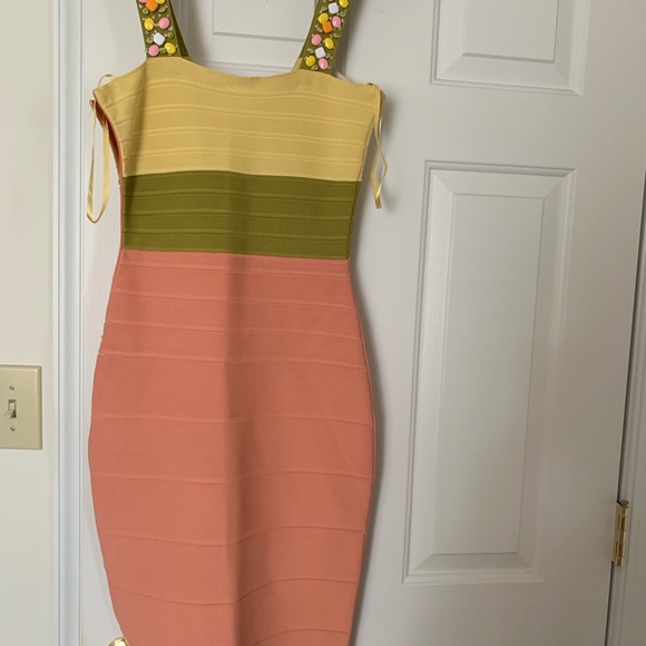 Herve Leger Peach, Olive & Yellow Beaded Midi Bandage Dress - Picture 4 of 5